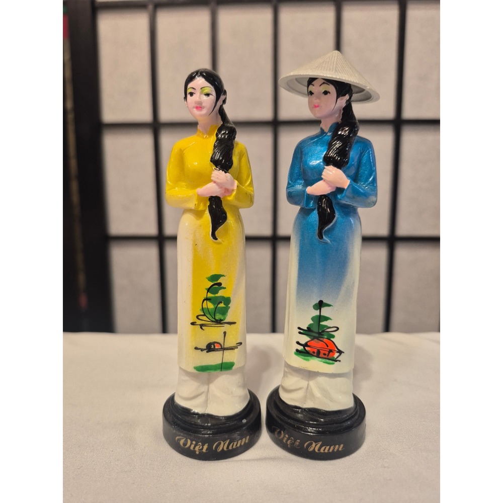 Vintage Vietnam Ao Dai Souvenir Figurines Pair Hand Painted Yellow Blue 5.25"